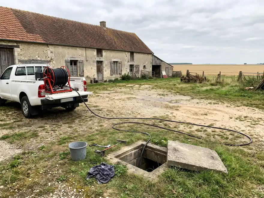 Débouchage canalisation Beauvais (60000) : pick-up d'hydrocurage dans la cour d'une longère de Beauce (illustration)