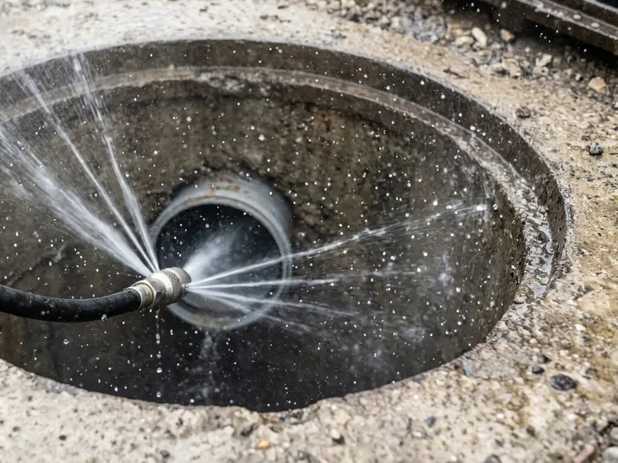Débouchage canalisation Compiègne (60200) : buse d'hydrocurage en action à l'entrée d'une canalisation (illustration)