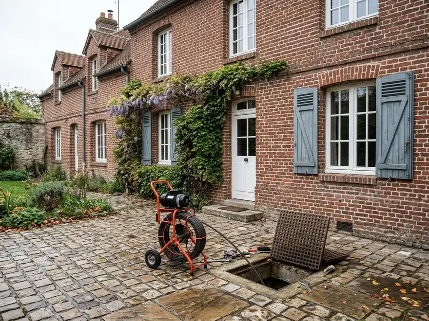 Débouchage canalisation Guillonville (28140) : furet électrique devant le regard d'une maison en briques (illustration)