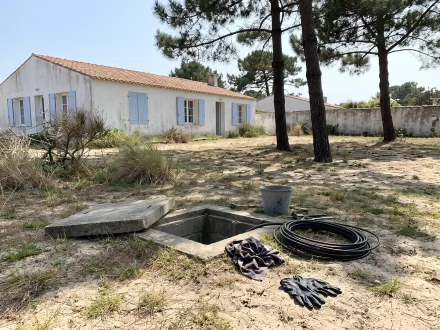 Débouchage La Châtaigneraie (85120) : regard ouvert et câble de furet devant une maison de Vendée (illustration)