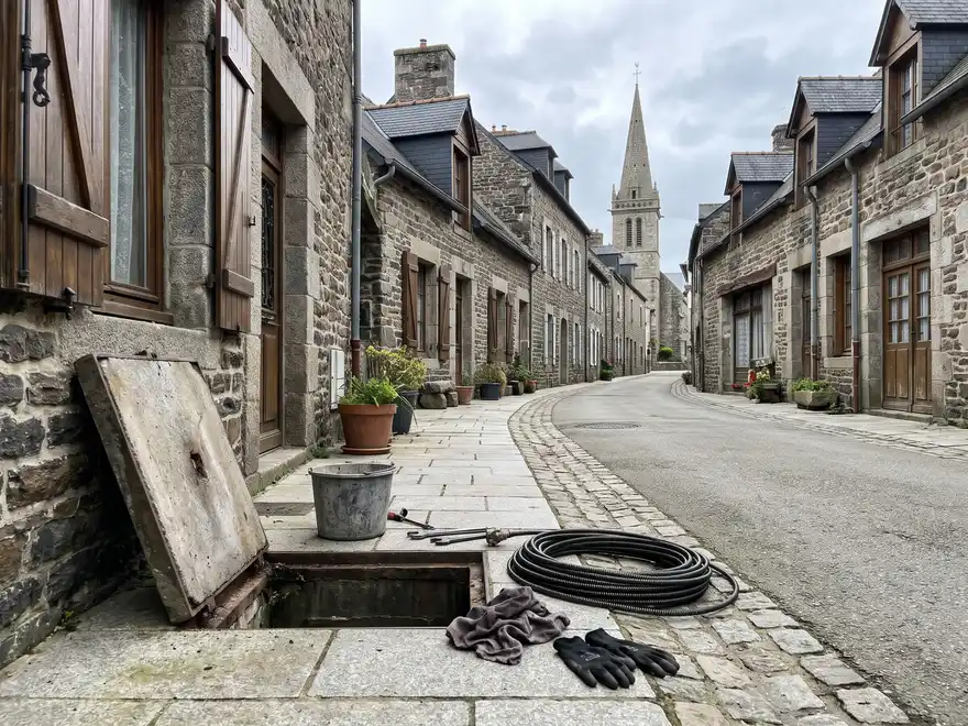 Débouchage canalisation La Feuillée (29690) : regard ouvert et câble de furet dans une rue de bourg breton (illustration)