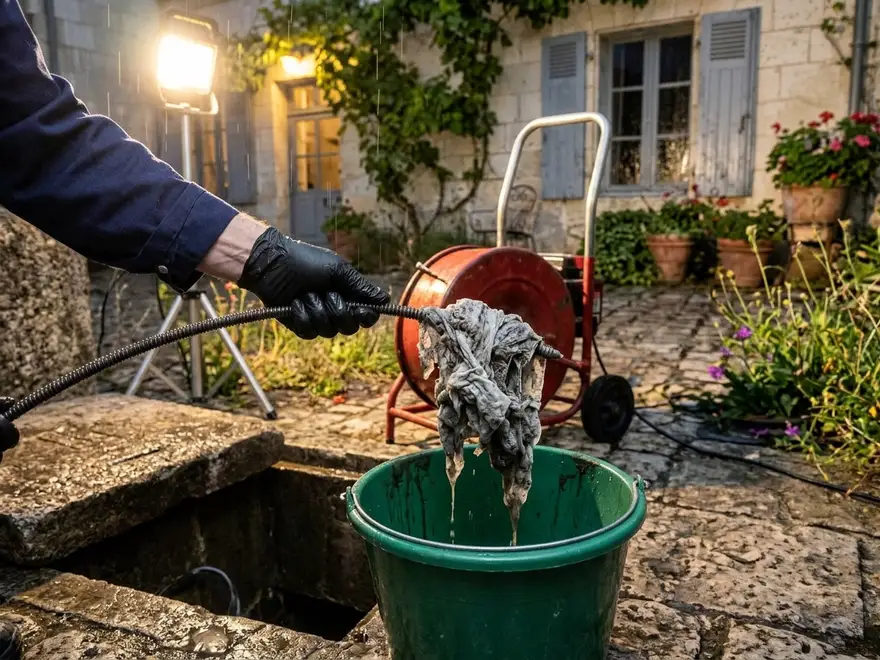 Débouchage Longué-Jumelles (49160) : lingettes retirées au bout du câble du furet (illustration)