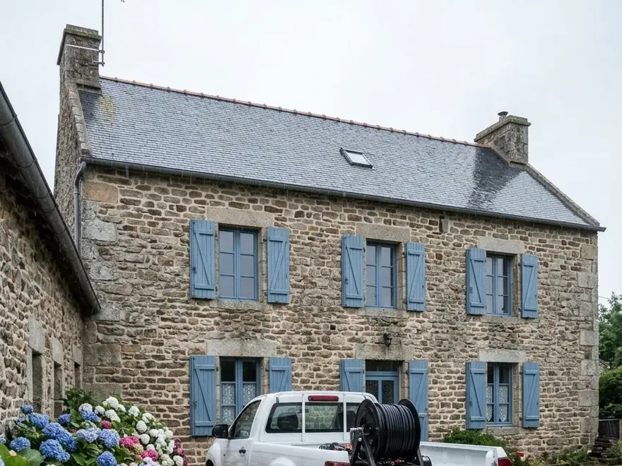 Débouchage canalisation Maël-Carhaix (22340) : pick-up d'hydrocurage devant une maison bretonne en granit (illustration)