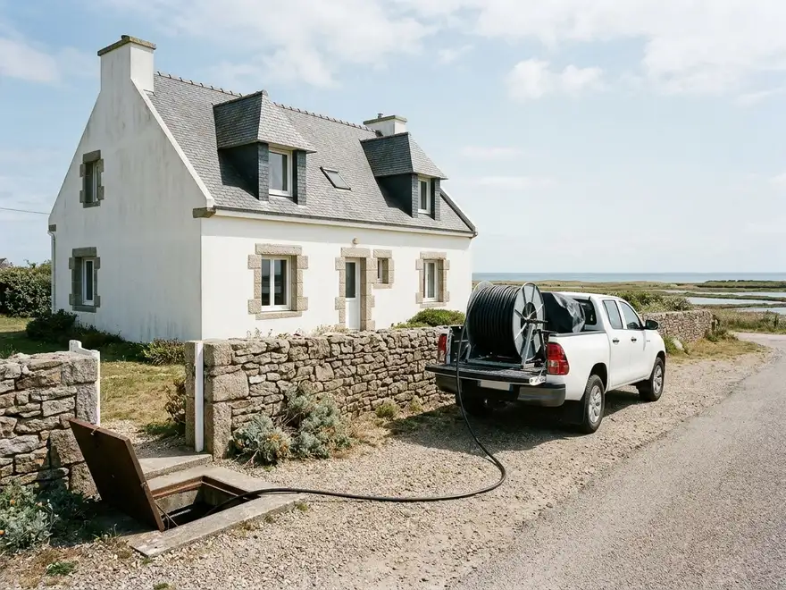 Débouchage canalisation Merdrignac (22230) : pick-up d'hydrocurage devant une maison bretonne près du golfe (illustration)