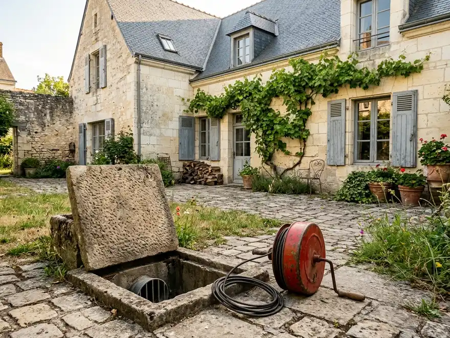 Débouchage canalisation Orée d'Anjou (49270) : regard ouvert et furet à main dans la cour d'une maison en tuffeau (illustration)