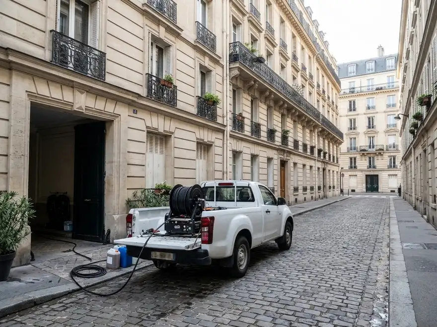 Débouchage canalisation Paris 12e (75012) : pick-up d'hydrocurage devant un immeuble haussmannien à Paris (illustration)