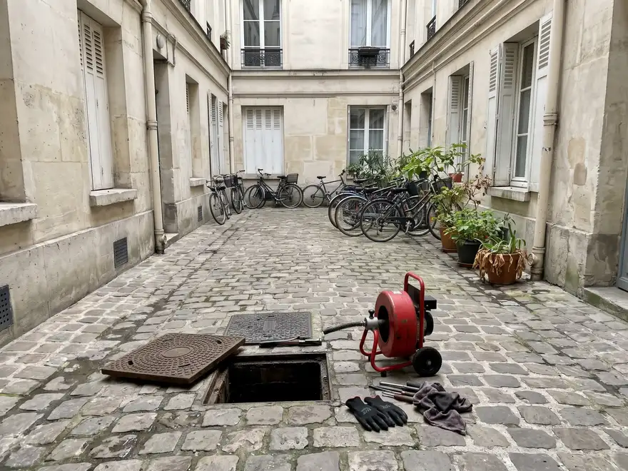 Débouchage canalisation Paris 4e (75004) : regard ouvert et furet électrique dans la cour pavée d'un immeuble parisien (illustration)