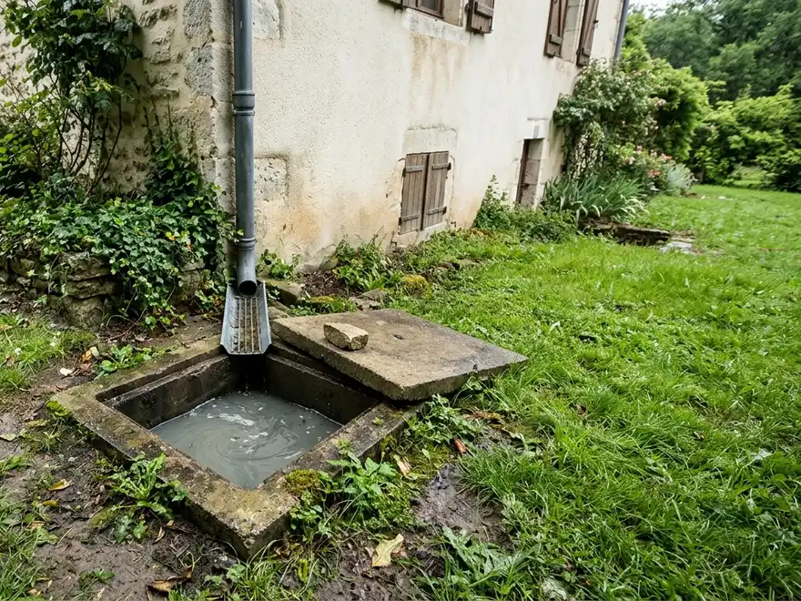 Débouchage canalisation Penvénan (22710) : regard plein d'eaux grises au pied d'une descente de gouttière (illustration)