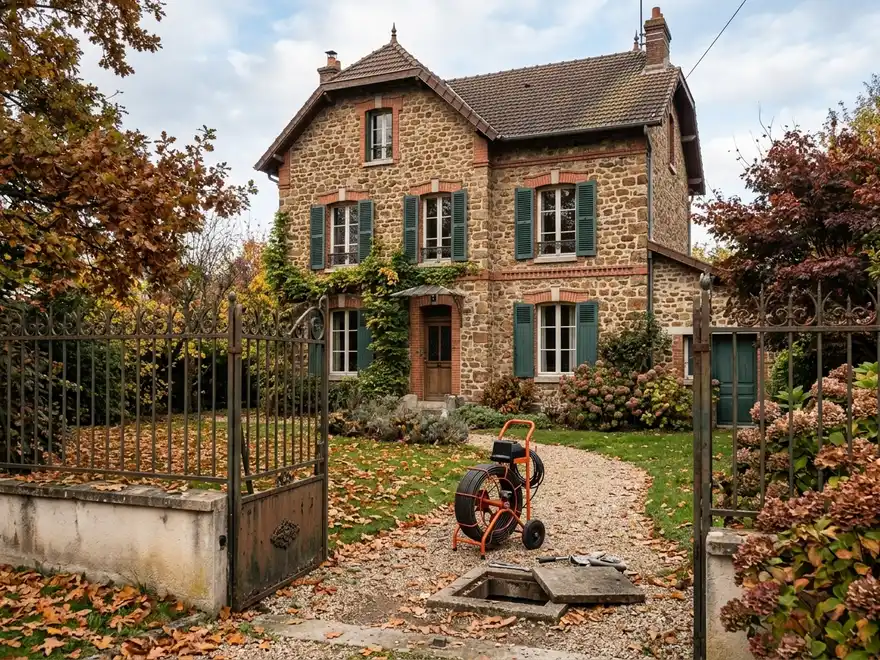 Débouchage Saint-Germain-en-Laye (78100) : furet électrique devant le regard d'une maison en meulière (illustration)