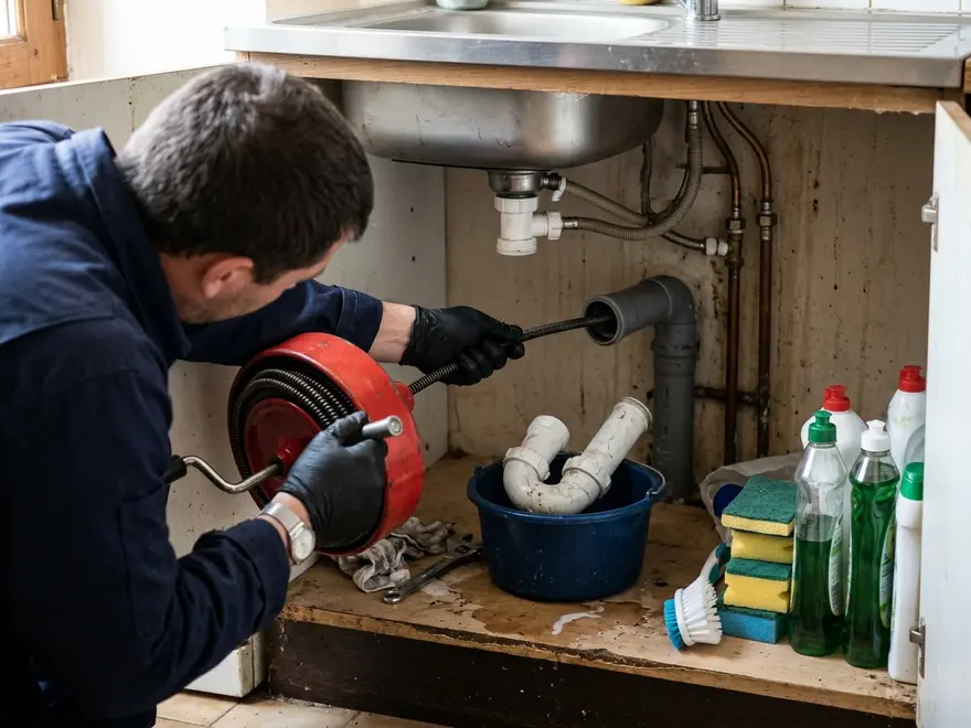 Débouchage canalisation Vincennes (94300) : furet à main dans l'évacuation sous un évier de cuisine, siphon démonté (illustration)