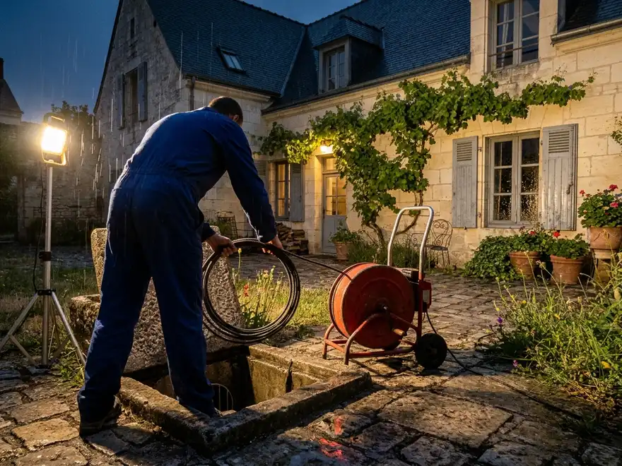 Débouchage Les Ponts-de-Cé (49130) : débouchage de nuit au furet électrique, cour pavée sous la pluie (illustration)