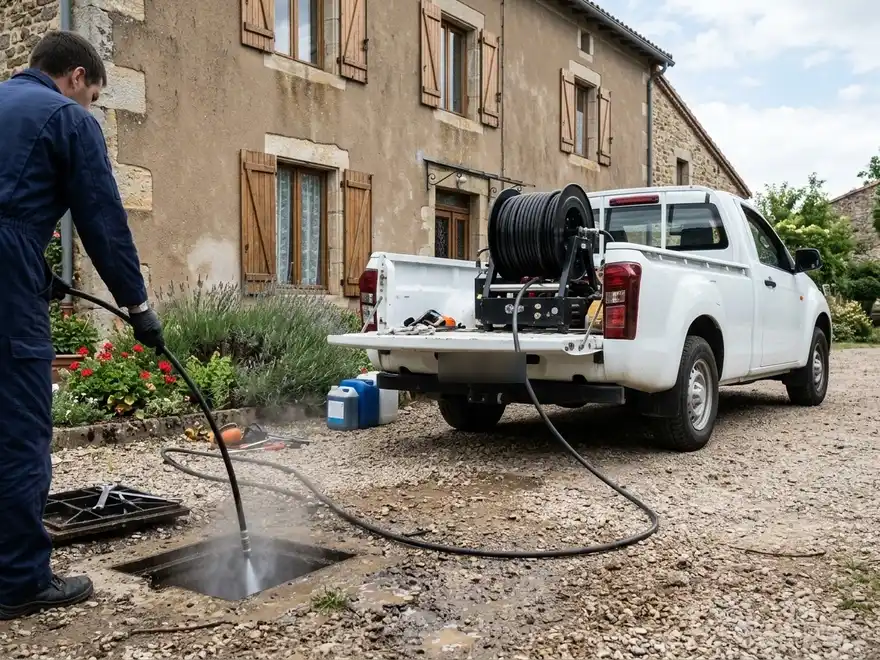 Hydrocurage canalisation au camion : pick-up blanc et enrouleur d'hydrocurage, flexible dans le regard d'une maison de pierre (illustration)