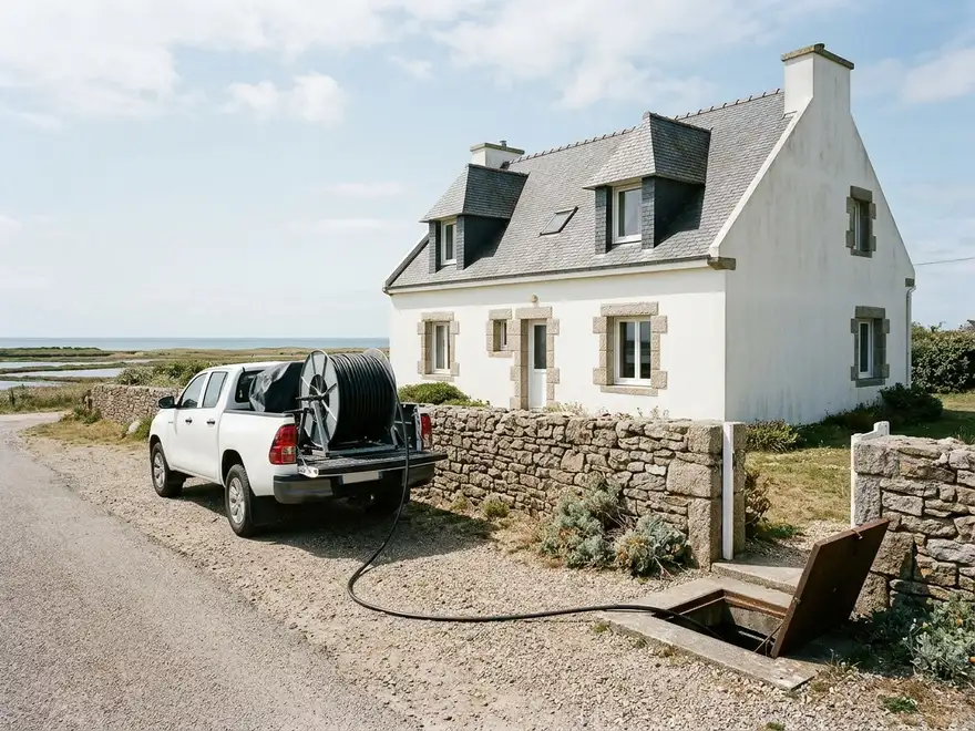 Pick-up d'hydrocurage devant une maison (illustration) Pick-up d'hydrocurage devant une maison (illustration)