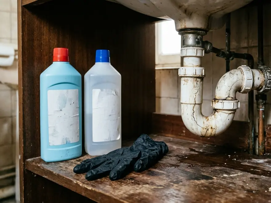 Vieux siphon abîmé sous un lavabo et flacons de déboucheur (illustration) Vieux siphon abîmé sous un lavabo et flacons de déboucheur (illustration)