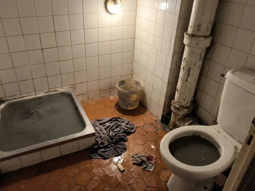 WC et douche qui débordent au rez-de-chaussée d'un immeuble (illustration)